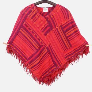 Vintage Jane Seymor Womens Poncho Size OS Fringe Patchwork Knit Red Purple V Nec